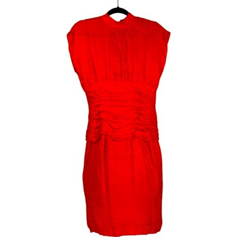 LIZ CLAIBORNE Vintage Red Silk Pineapple Print Ruched Midi Dress‎